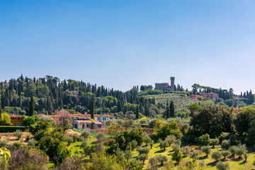 Fototapeta na wymiar Panoramic view from the Boboli Gardens to the hills of Florence. Tuscany, Italy.