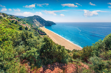 Breathtaking spring view of Milos Beach. Exciting morning seascape of Ionian sea. Aerial outdoor scene of Lefkada Island, Greece, Europe. Beauty of nature concept background