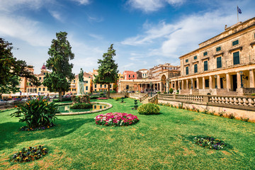 Sunny spring view of Museum of Asian Art. Colorful morning cityscape of Corfu Town, capital of the Greek island of Corfu, Greece, Europe. Traveling concept background. - obrazy, fototapety, plakaty