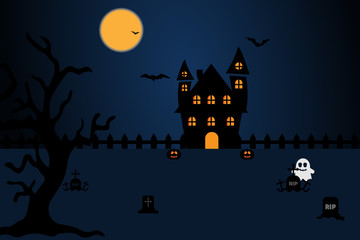 Illustration A Haunted house at graveyard on full moon, surround by bats and ghost