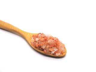 Fototapeta na wymiar Himalaya pink salt in wooden spoon isolated on white background.