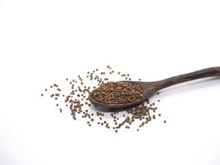  Perilla seed in wooden spoon, Healthy food isolated on white background.