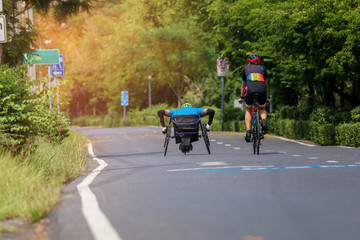 Para-cycling and bike practice in the park.
