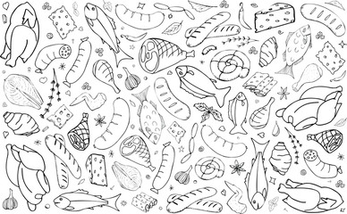 Vector background with fish, cheese, sausages, chicken, meat. Useful for packaging, menu design and interior decoration. Hand drawn doodles. Sketchy collection of power elements on a white background.
