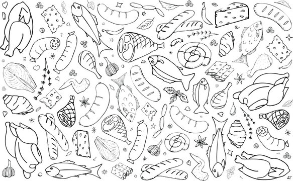 Vector background with fish, cheese, sausages, chicken, meat. Useful for packaging, menu design and interior decoration. Hand drawn doodles. Sketchy collection of power elements on a white background.