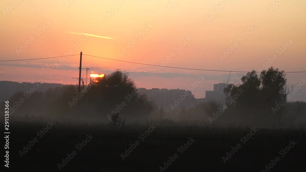 Canvas Prints silhouette of a cyclist riding in the sunset, video contains noise