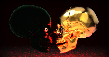 Abstract Halloween Background with two 3D Demon's Skulls made of Velvet and Gold Opposite Each Other.