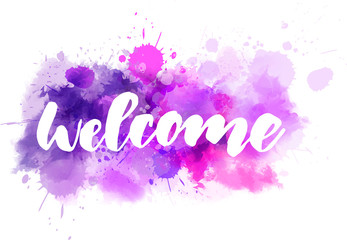 Welcome lettering on purple watercolor background