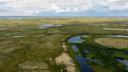 Landscape of the forest-tundra and the sandy river bank, bird's eye view.Arctic Circle, tunda