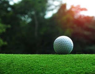 White golf ball on the green On the green field background closely