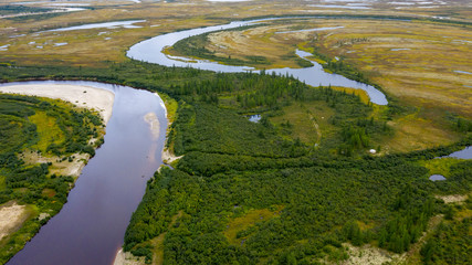 Landscape of the forest-tundra and the sandy river bank, bird's eye view.Arctic Circle, tunda