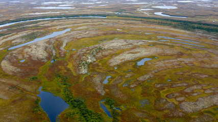 Landscape of the forest-tundra and the sandy river bank, bird's eye view.Arctic Circle, tunda