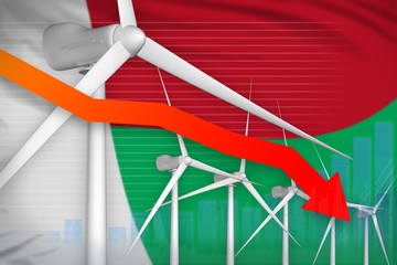 Fototapeta premium Madagascar wind energy power lowering chart, arrow down - environmental natural energy industrial illustration. 3D Illustration