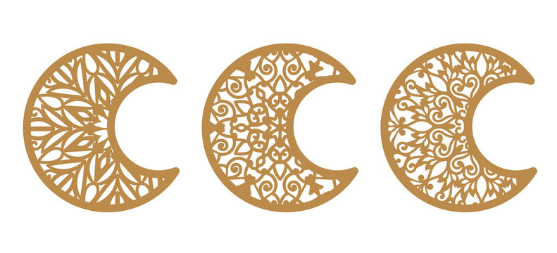 Set of vector ornamental crescents. Laser cut template. Christmas carved openwork moon. Cutting silhouette with a lacy eastern ornament. Stencil for wood carving, die cut. Gold ornate vintage decor.