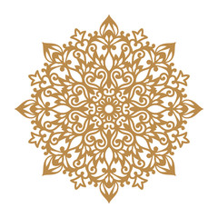 Laser cutting mandala. Round ornamental lace, golden floral pattern. Oriental ornament silhouette. Vector geometric circle. Circular pattern in arabesque style. For wedding invitation, greeting card.