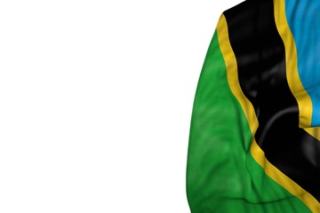 Fototapeta na wymiar beautiful Tanzania flag with large folds lie in left side isolated on white - any feast flag 3d illustration..