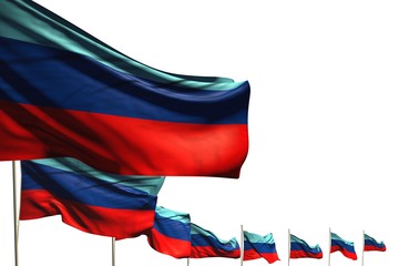 cute many Luhansk Peoples Republic flags placed diagonal isolated on white with place for content - any feast flag 3d illustration..