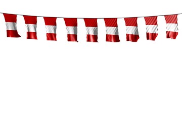 Fototapeta na wymiar nice many Peru flags or banners hangs on rope isolated on white - any holiday flag 3d illustration..