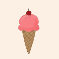 Ice cream with strawberry cream illustration hand drawn pattern background.