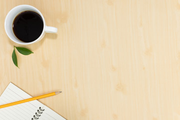 desk office top view with pen, notepad.
