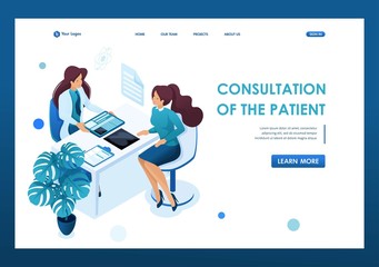 Young woman doctor advises the patient. Health care concept. 3d isometric. Landing page concepts and web design-01