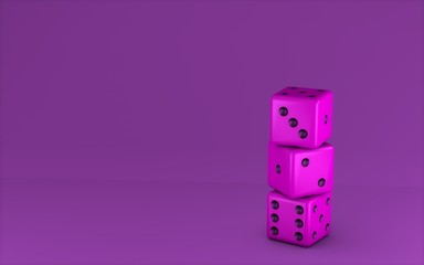 Purple cubes dices on pink background. Minimalism concept . 3d render illustration