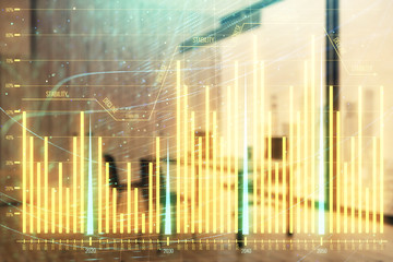 Business theme graph hologram with minimalistic cabinet interior background. Double exposure. Stock market concept.