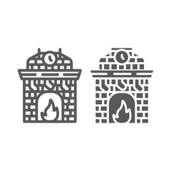 Obraz premium Christmas fireplace line and glyph icon, holiday and fire, fireplace with stocking sign, vector graphics, a linear pattern on a white background.