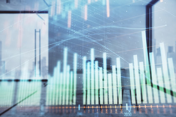 Forex chart hologram with minimalistic cabinet interior background. Double exposure. Stock market concept.