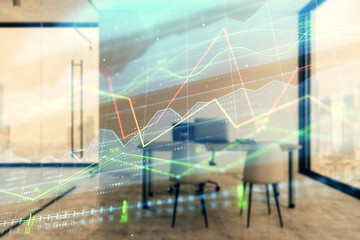 Forex chart hologram with minimalistic cabinet interior background. Double exposure. Stock market concept.