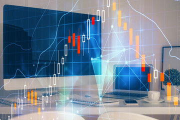 Forex market chart hologram and personal computer background. Double exposure. Concept of investment.