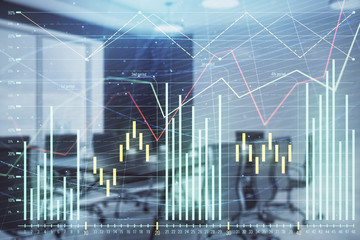 Double exposure of forex chart on conference room background. Concept of stock market analysis