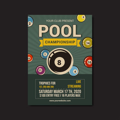 pool championship flyer template, retro flat design vector