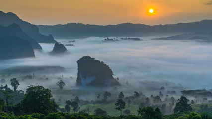 Thailand mountains in the mist sunrise, Phayao Province, North of Thailand.