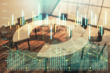 Multi exposure of stock market graph on conference room background. Concept of financial analysis