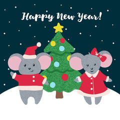 New Year greeting card with cute Mice.