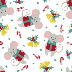 Fototapeta premium Christmas or New year seamless pattern with cute mice.