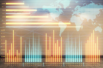 Double exposure of financial chart with world map on empty room interior background. International market concept.