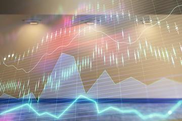 Double exposure of financial graph on empty room interior background. Forex market concept.