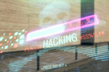 Double exposure of hacking theme hologram on empty exterior background. Data security concept