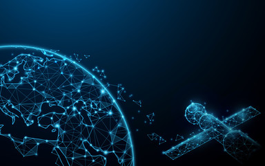 Earth view from space and satellite  from lines, triangles and particle style design. Illustration vector