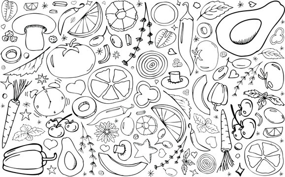 Vector backdrop with vegetables.Peppers,avocados,melon,mushrooms,carrots,tomatoes.Useful for packaging,menu design and interior decoration.Hand drawn doodles.Sketchy collection of elements.