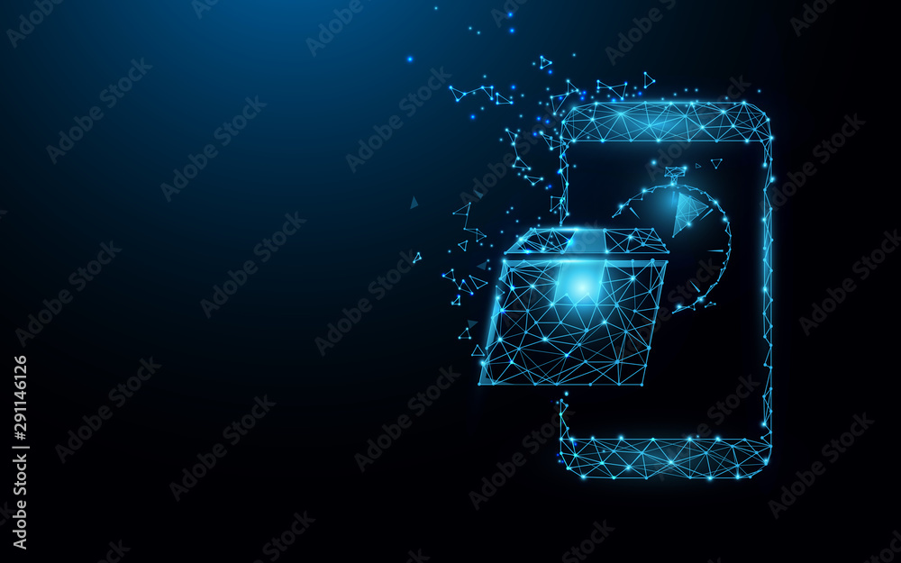 Poster Online mobile application order shipping fast delivery service from space and satellite  from lines, triangles and particle style design. Illustration vector