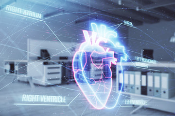 Heart drawing with office interior on background. Double exposure. Concept of medical education