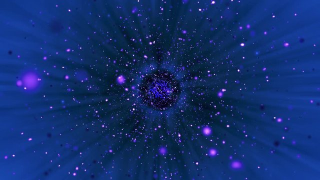 Psychedelic video traversing a wormhole surrounded by multiple colored particles, fast final zoom