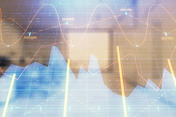 Stock market chart with trading desk bank office interior on background. Double exposure. Concept of financial analysis