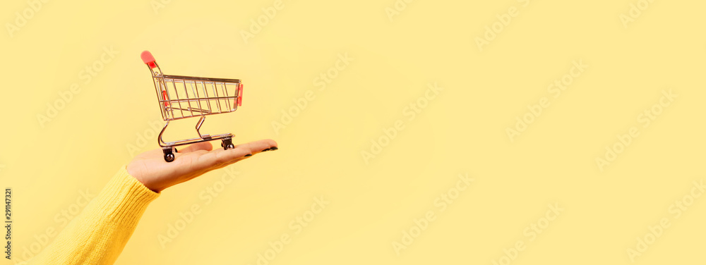 Wall mural shopping cart on hand over yellow background, panoramic mock up image