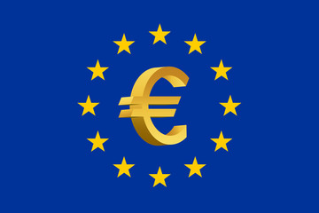 Euro symbol on the European flag, illustration.