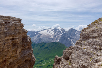 Beautiful view of Marmolada glasier and Pass Pordoi valley from Piz Boe mountain peak. Italian Dolomites, Alto Adige (Summertime)