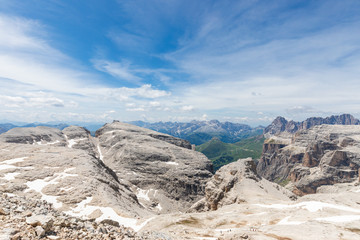 Beautiful view of the peaks of  Dolomites Alps from the top of Piz Boe mountain. Italian Alps, Alto Adige (Summertime)